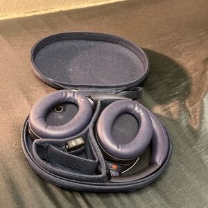 Black Sony headphones with carry case.